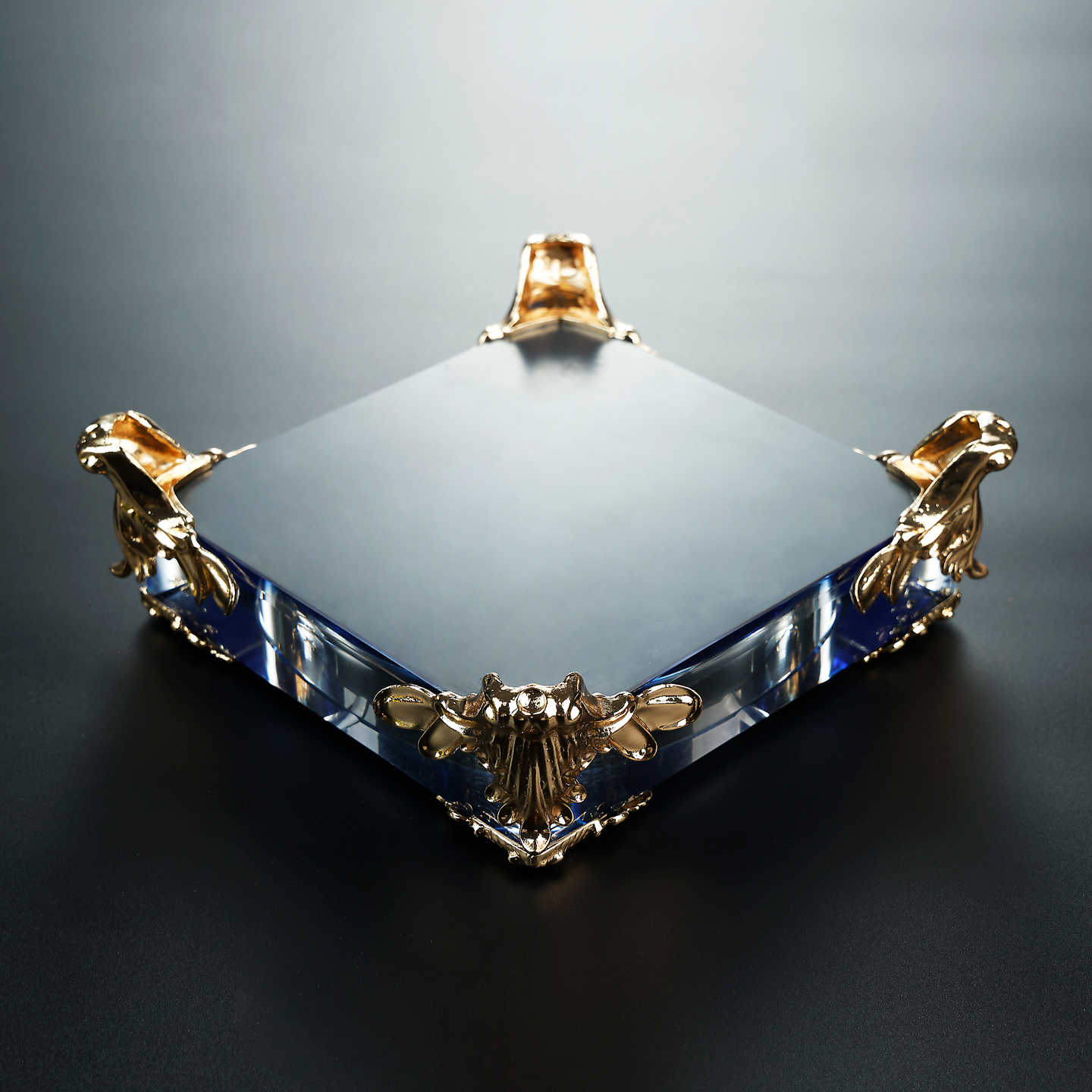 Luxury Sapphire Blue Crystal Glass Ashtray with Gold Ornate Feet, Large Square Commercial Ashtray for Office Bar Restaurant, Premium Heavy-Duty