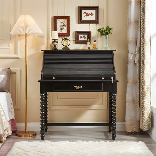 Vintage Roll-Top Vanity Table, Solid Wood Multifunctional Dressing Desk – Black, Compact for Small Bedrooms