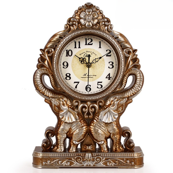 Antique Gold Twin Elephant Mantel Clock, Ornate Quartz Table Clock with Arabic Numeral Dial and Decorative Sculptural Frame for Living Room, Bedroom, Office, Fireplace and Console Table