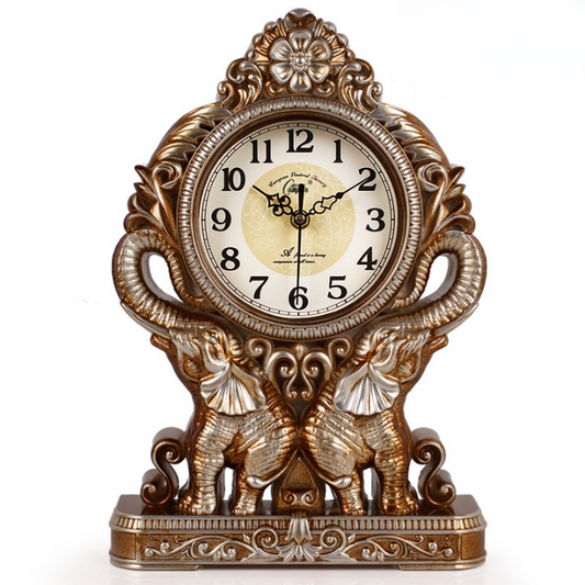 Antique Gold Twin Elephant Mantel Clock, Ornate Quartz Table Clock with Arabic Numeral Dial and Decorative Sculptural Frame for Living Room, Bedroom, Office, Fireplace and Console Table