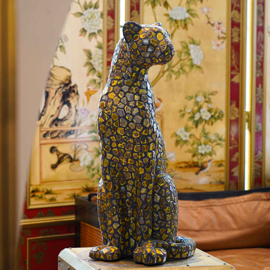 Premium Golden Leopard Print Mosaic Sculpture – Hand-Applied Ceramic Tile Art with Majestic Sitting Pose, Luxury Wildlife Statement Piece