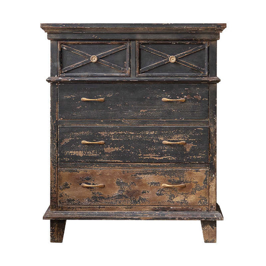 American Country Vintage Black Distressed Chest, Wabi-Sabi Style Entryway Cabinet, Rustic Tall Dresser for Home, Café, B&B, Balcony Display