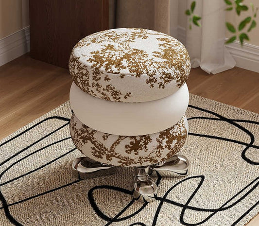 Vintage Stacked Cushion Vanity Stool, Luxury Floral Print Makeup Chair with Chrome Pedestal Base, Modern Boutique Dressing Table Seat