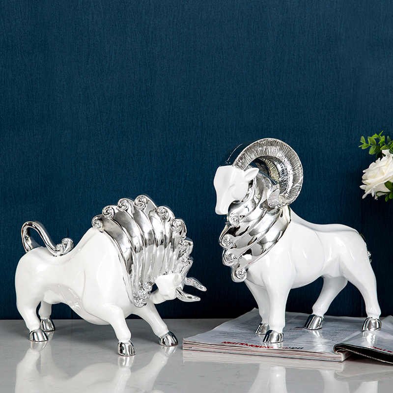 Zodiac Animal Figurine Set – Silver Resin Horse, Ram, and Bull Decorative Sculptures for Home, Entryway, or Office Décor