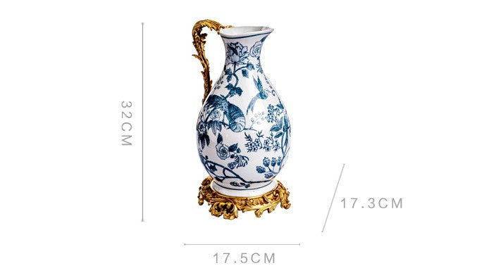 Elegant Blue Floral Porcelain Vase with Brass Base – Decorative Flower Holder for Living Room, Entryway, Tabletop