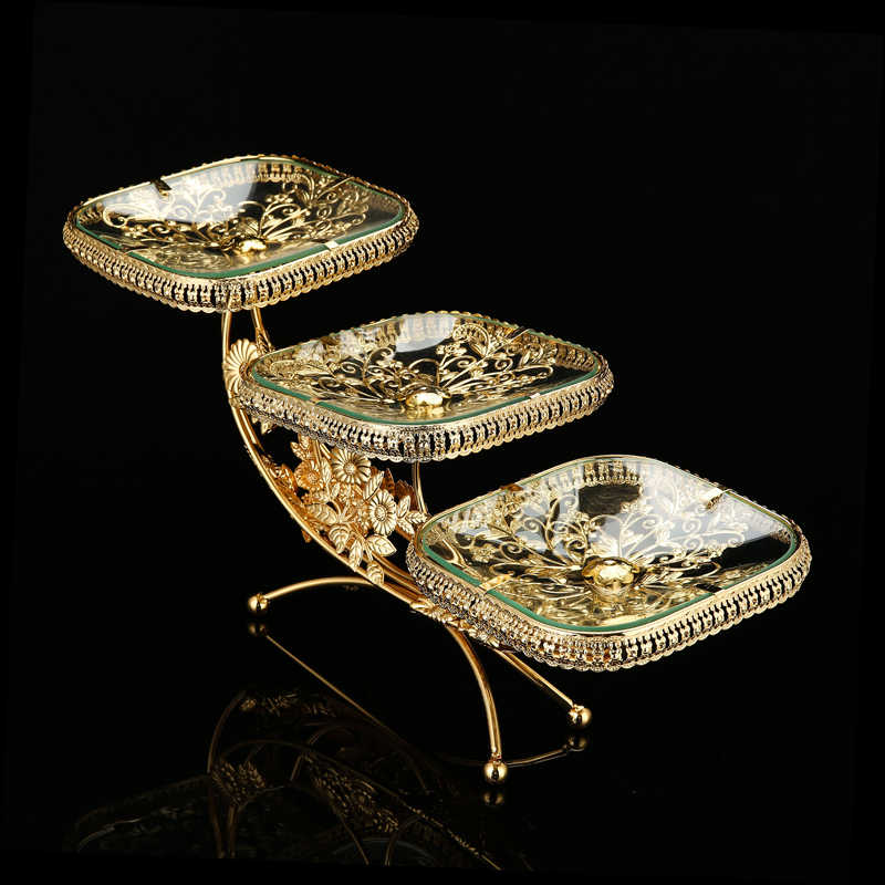 Square Three-Tier Fruit Plate, Gold-Plated High-End Glass Snack Stand, Ornate Modern Dessert Tray for Living Room, Reception, KTV