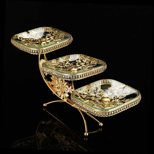 Square Three-Tier Fruit Plate, Gold-Plated High-End Glass Snack Stand, Ornate Modern Dessert Tray for Living Room, Reception, KTV