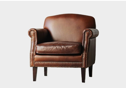 Vintage Genuine Leather Club Chair – Retro Small Living Room Accent Armchair, Brown Tufted Reading Lazy Chair
