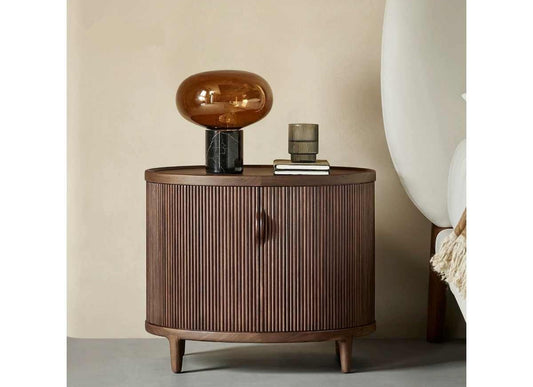 Mid-Century Modern Walnut Oval Console Cabinet – Fluted Solid Wood Bedside Table, Contemporary Storage Nightstand for Bedroom and Living Room