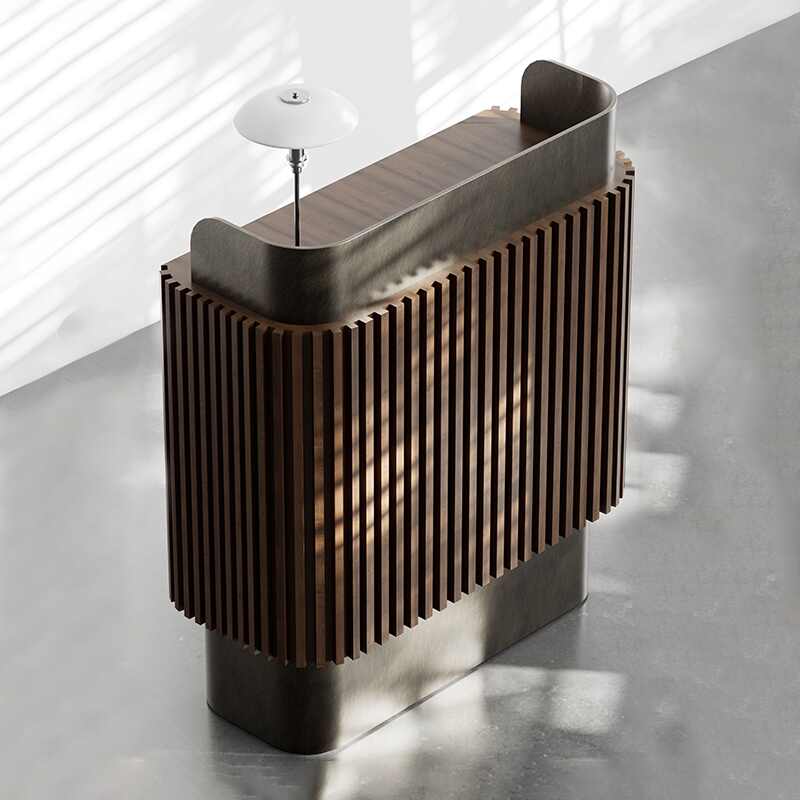 Modern Woodgrain Stainless Steel Reception Counter, Minimalist Restaurant Concierge Front Desk