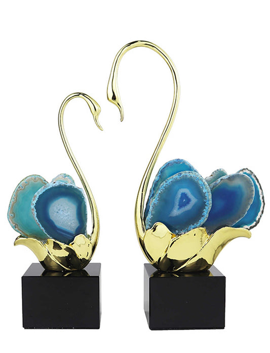 Luxury Blue Agate Swan Sculpture Set – Gold Modern Crystal Stone Figurines for Living Room, Entryway, TV Cabinet, Home and Gift