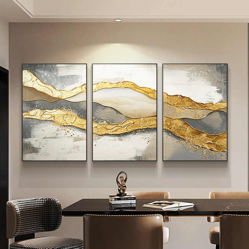 Luxury Modern Gold Abstract Hand-Painted Canvas Wall Art Triptych, Set of 3 Large Unframed Textured Paintings for Living Room Sofa Background