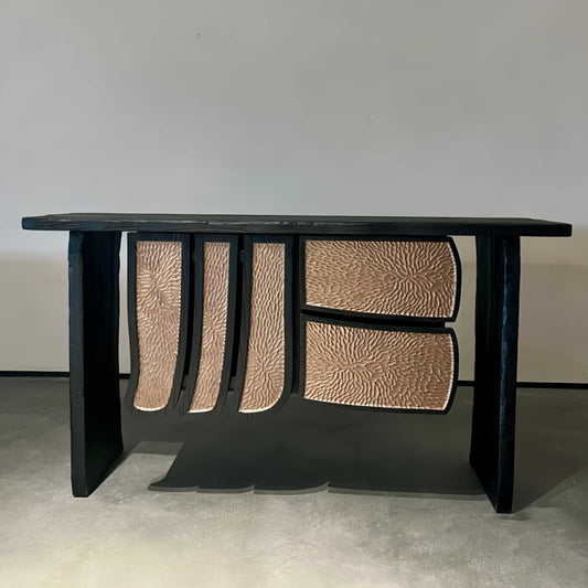 Designer Sculptural Carved Wood Console Table, Luxury Retro Entryway Foyer Cabinet with Art Drawers