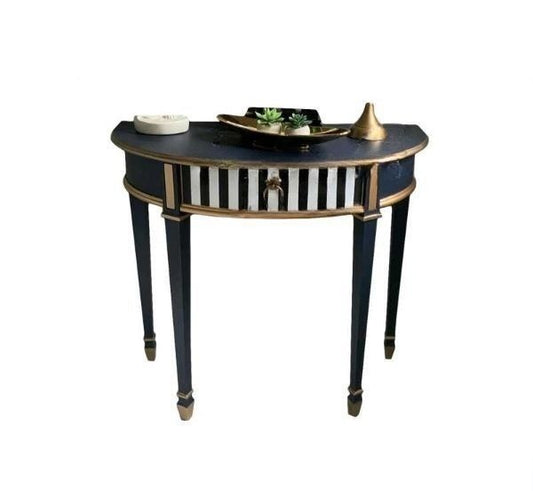 Light Luxury Semi-Circle Console Table – Neoclassical Blue Gold Striped Entryway, Solid Wood Hallway Display Table
