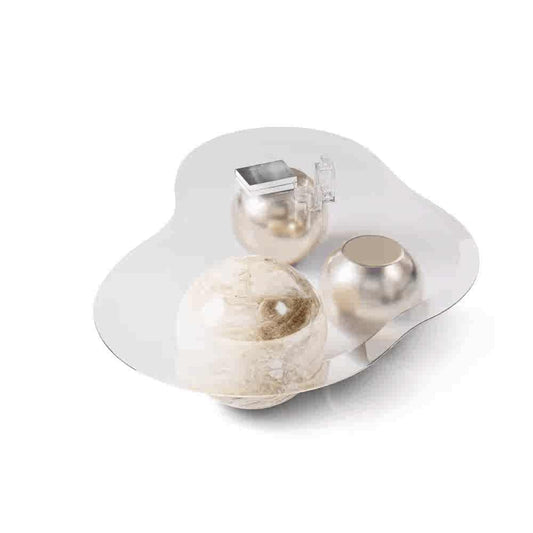 Designer Brass Marble Coffee Table – Modern Glass Top Living Room Center Table, Unique Sphere Base