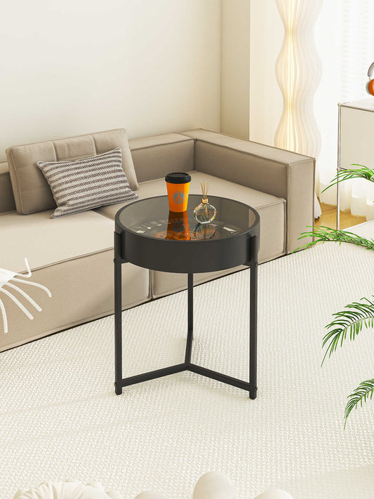 Vintage Gear Clock Side Table, Nordic Luxury Industrial Style Round Glass Coffee Table for Small Spaces, Black