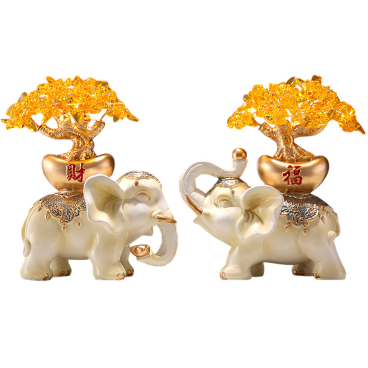 Ivory Resin Elephant Figurine Set of 2 with Amber Crystal Trees