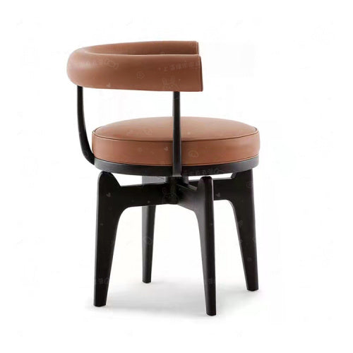 Nordic Swivel Dining Chair with Cognac Leather Upholstery, Mid-Century Modern Accent Chair with Black Wood Base, Luxury Armchair for Showrooms & Lounges,