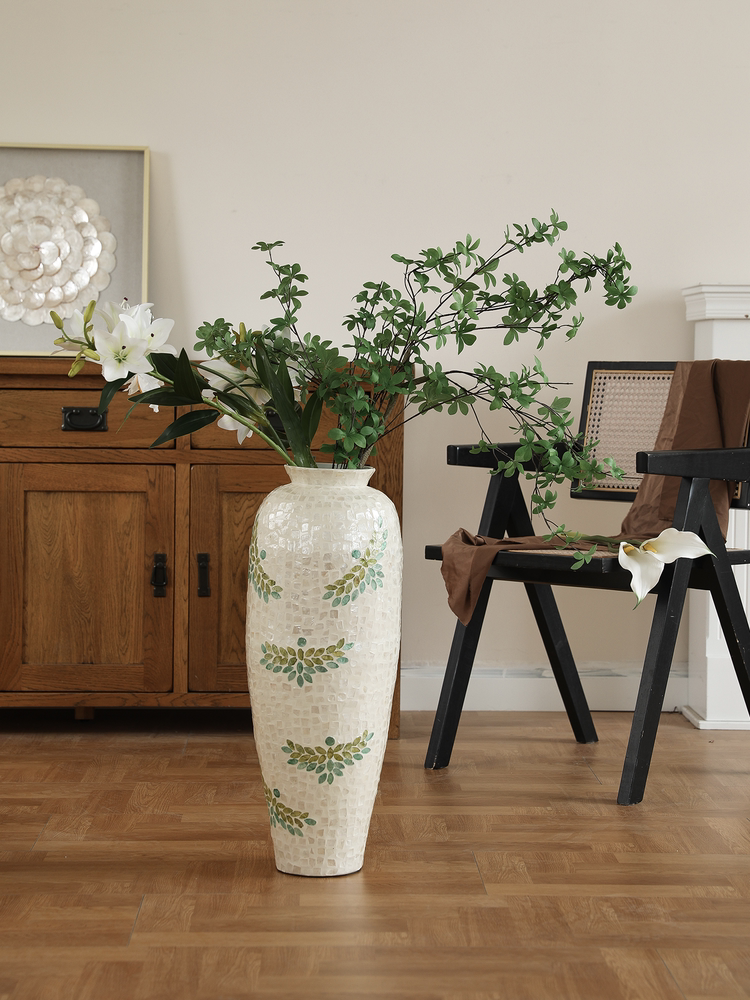 Cream-Style Floor Vase Set, Tall Decorative Mosaic Vases with Green Leaf Inlay for Living Room & Entryway Display