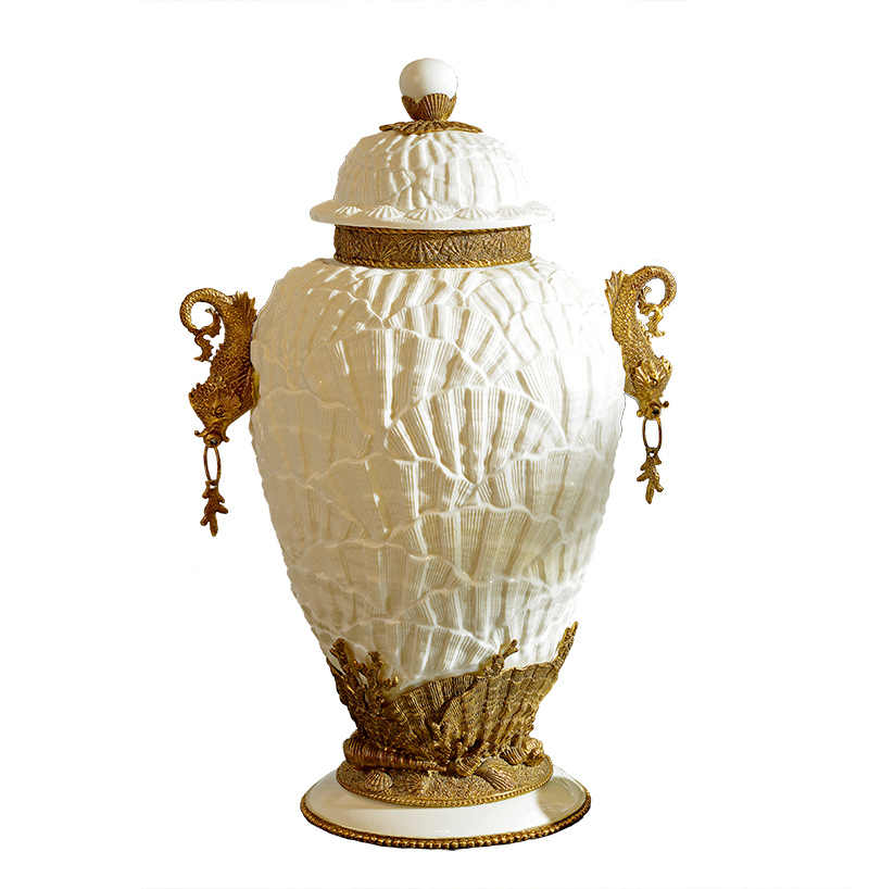 White Porcelain Brass Shell Ginger Jar – Dragon Handle Lidded Urn for Entryway, Bar Cabinet, and Luxury Home Decor