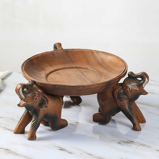 Thai Hand-Carved Three Elephant Fruit Bowl, Solid Wood Luxury Serving Tray for New Year & Home Entertaining