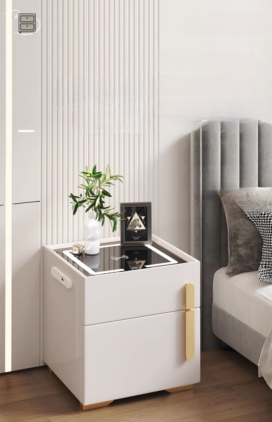 Smart Luxury Nightstand with Safe, Modern Bedroom Bedside Cabinet—Plum Blossom White, LED, Wireless Charging & USB