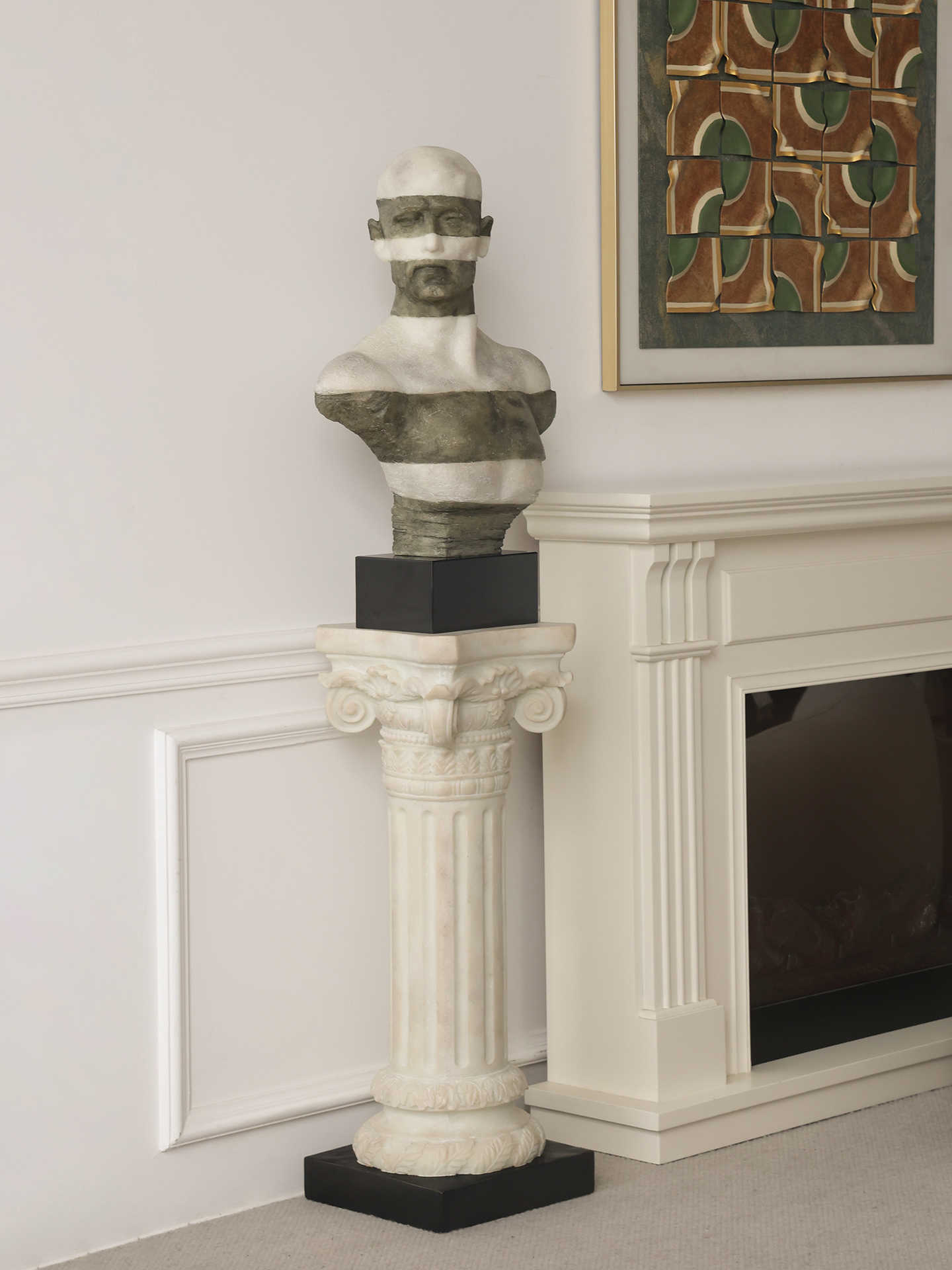 Designer Vintage Half-Body Bust Sculpture, Artistic Statement Pedestal for Entryway, Living Room, or Hotel