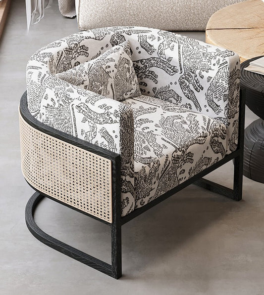 Modern Tiger Line Art Accent Chair, Solid Wood and Rattan Lounge Armchair, Minimalist Reading Chair for Living Room, Balcony, or Bedroom (Mid-Tone Oak)