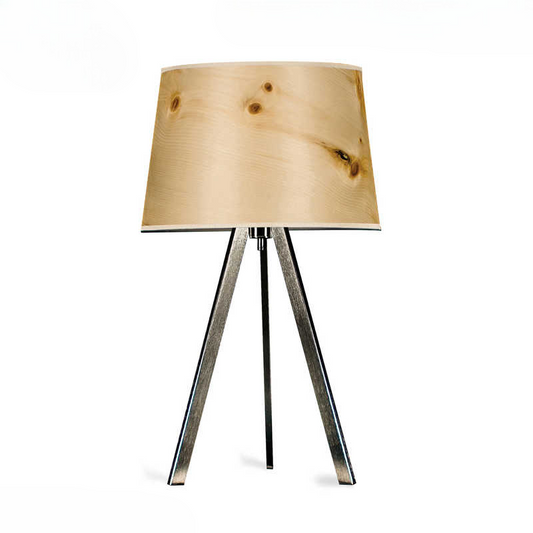 Modern Tripod Bedside Table Lamp with Natural Wood Grain Shade, Minimalist Metal Desk Lighting for Bedroom and Living Room