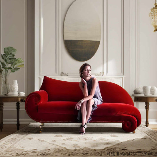 French Vintage Arc Velvet Chaise Lounge – Classic Curved Burgundy Velvet Sofa with Rolled Arms and Nailhead Trim, Designer Statement Furniture