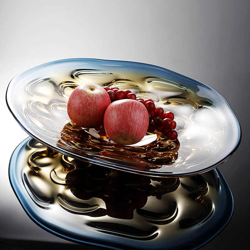 Luxury Gradient Art Glass Oval Fruit Bowl, Extra Large Modern Crescent Moon Design with Flowing Amber-Blue Glass, Premium Coffee Table Centerpiece