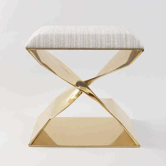 Modern Designer Gold Twisted Metal Stool with Boucle Upholstery – Luxury Contemporary Accent Seat for Living Room, Vanity & Entryway