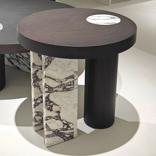 Modern Minimalist Marble Inlay Side Table – Round Luxury End Table, Compact Sofa Table for Living Room, Bedroom, or Apartment