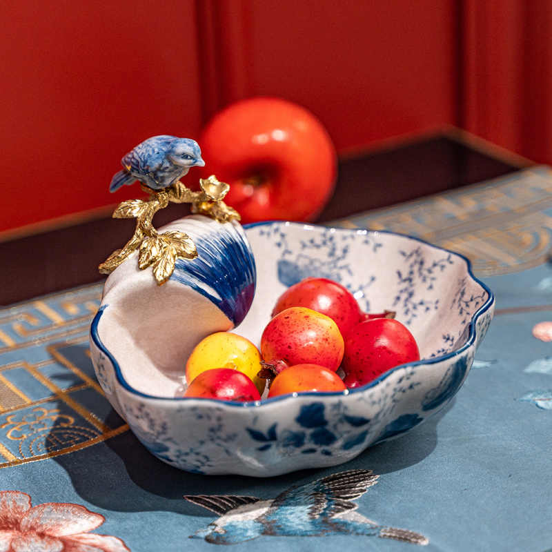 Blue and White Bird Porcelain Brass Fruit Bowl, Floral Snack Dish Candy Bowl for Living Room, Coffee Table and Gift Decor