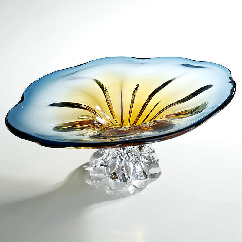 Luxury Gradient Art Glass Pedestal Fruit Bowl, Cloud-Inspired High-Stem Serving Dish with Sunburst Design, Large Decorative Centerpiece