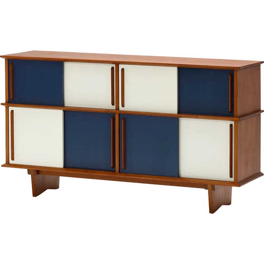Mid-Century Danish Retro Two-Tone Sideboard – Modern Blue and White Storage Cabinet, Solid Wood Vintage Credenza with Sliding Doors, Designer Dining Room Buffet
