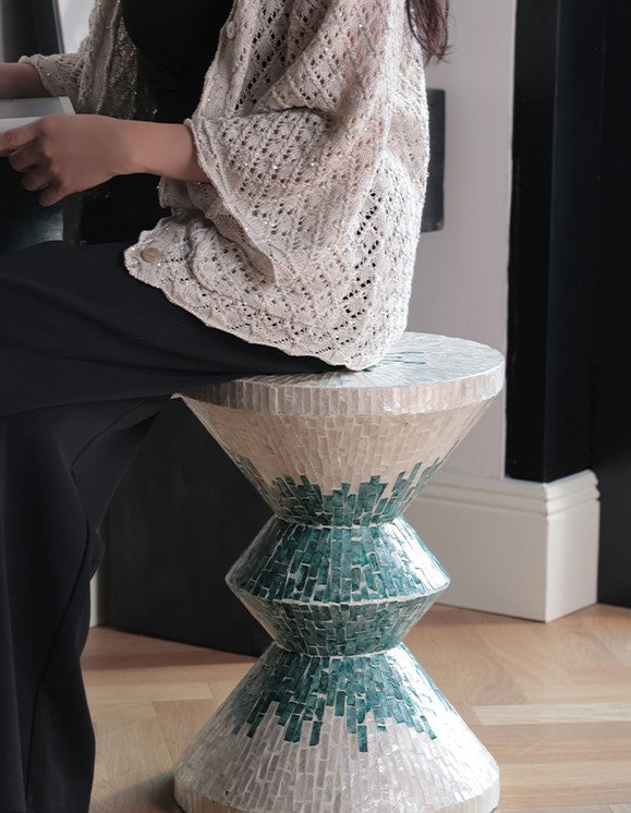 Luxury Shell Mosaic Garden Stool, Turquoise Green Mother of Pearl Ceramic Side Table, Tropical Style Accent Stool