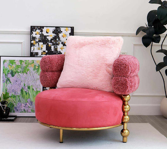 Luxury Pink Teddy Fleece Accent Chair, Italian French Designer Single Seat Armchair with Gold Legs, Removable Washable Cover