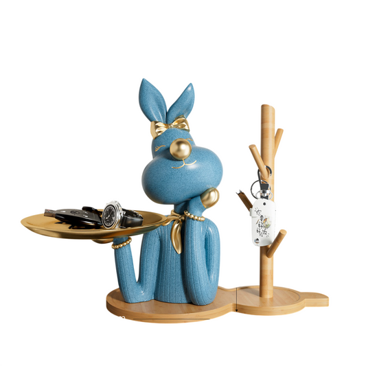 Blue Rabbit Key Tray and Wooden Key Holder Stand Set for Entryway