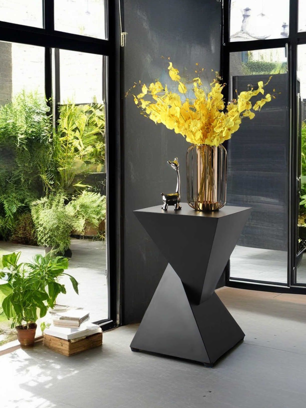 Italian Minimalist Geometric Side Table, Modern Hourglass Design Accent Table in Matte Black Finish, Contemporary Sculptural Furniture