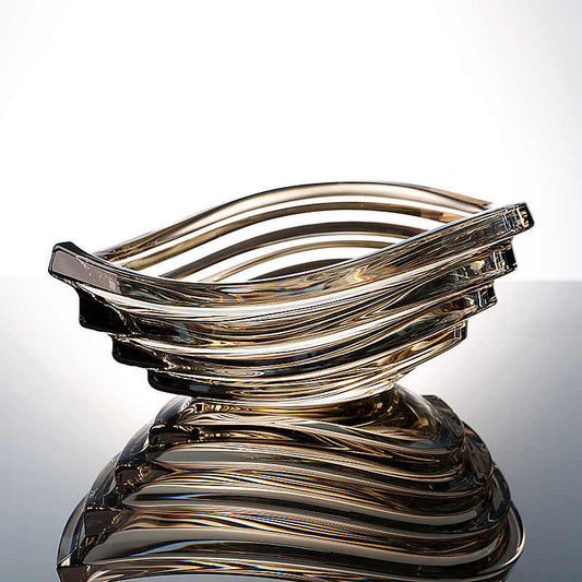 European Luxury Twisted Crystal Glass Fruit Bowl in Amber, Contemporary Swirl Design Serving Bowl