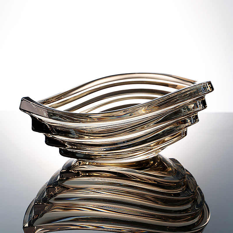 European Luxury Twisted Crystal Glass Fruit Bowl in Amber, Contemporary Swirl Design Serving Bowl