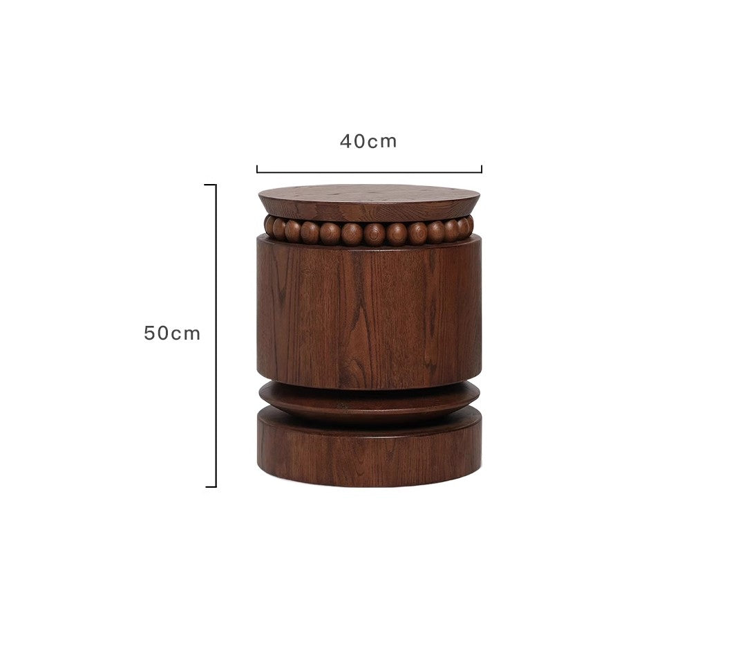 Vintage Solid Wood Accent Side Table, Coco Smoked Brown, Designer Bead Round Stool/End Table