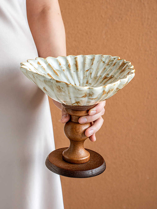 "Artistic Fruit Tray" – Wabi-Sabi Style Pedestal Dessert Stand, Carved Floral Bowl with Wood Base for Snacks, Desserts, Coffee Table Display