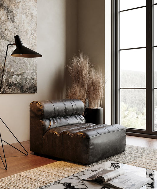 Vintage Modular Armless Leather Sofa Seat – Retro Tufted Sectional Chair for Small Apartment Living Room, Black Single Module