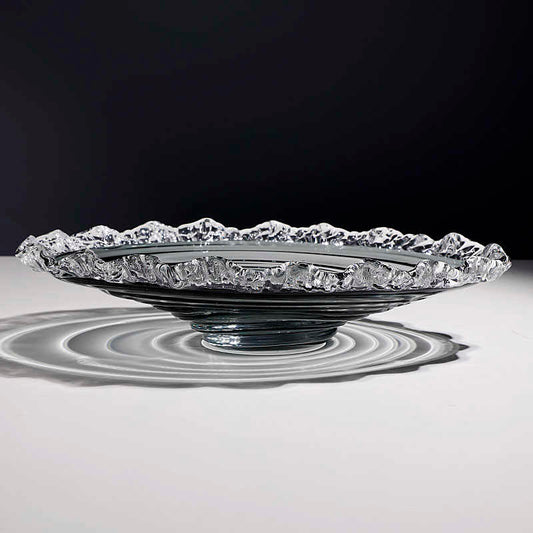 Premium Gray Crystal Glass Oval Fruit Bowl, Large Pleated Edge Design with Wave Pattern Base, Luxury Serving Dish for Fruits & Snacks