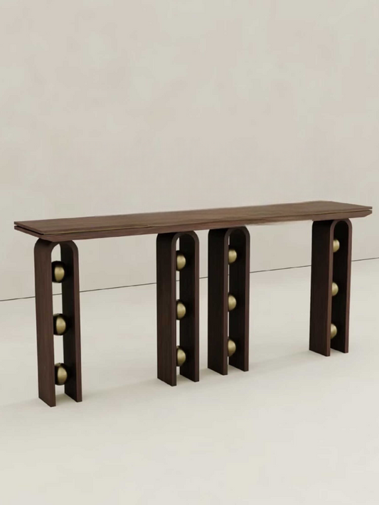 Vintage Walnut Wood Entryway Console Table, Mid-Century Modern Display Table with Decorative Spheres, Hallway Storage Table