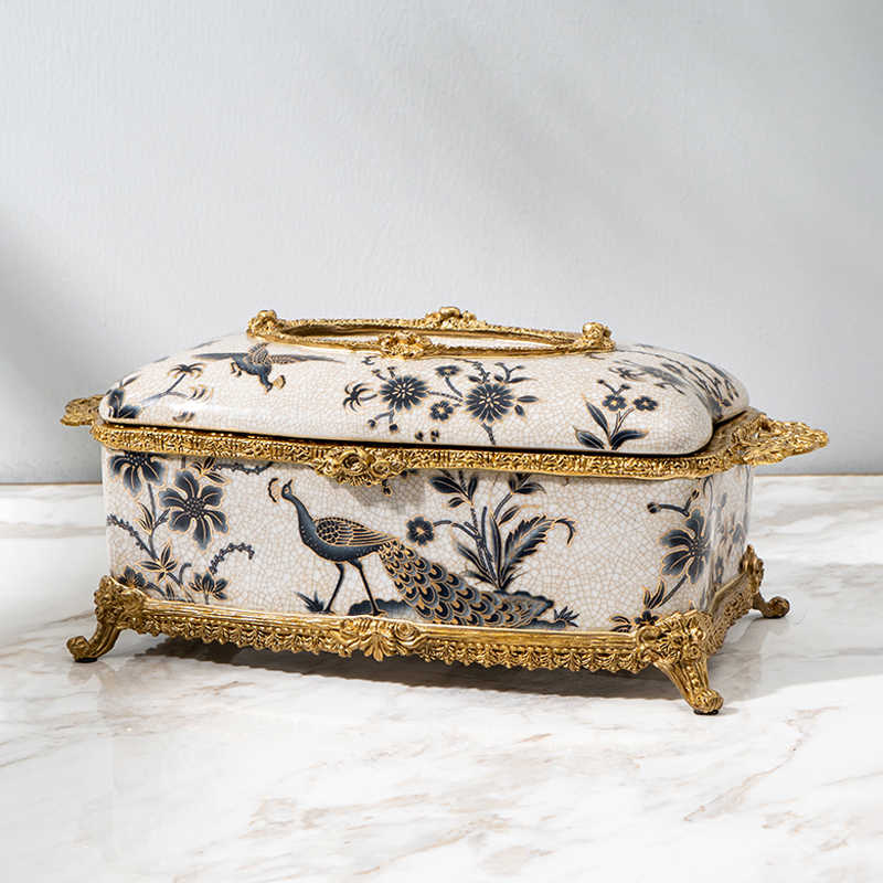 Peacock Porcelain and Brass Tissue Box, Luxury Gilded Tissue Holder for Living Room, Coffee Table, and Elegant Home Decor