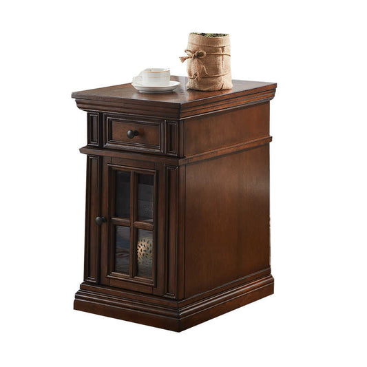 American Vintage Solid Wood Parquet Side Table, Classic Chevron Pattern End Table with Glass Door Storage, Multi-Purpose Nightstand Coffee Table