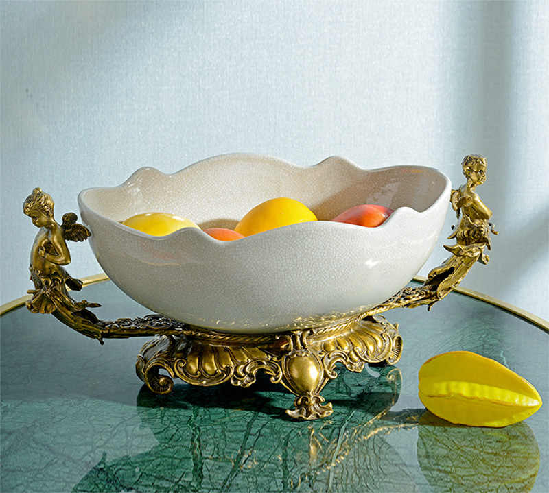 Luxury Porcelain and Brass Cherub Fruit Bowl, Creative Decorative White Ceramic Centerpiece for Living Room, Coffee Table, and Home Decor